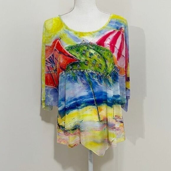 Leoma Lovegrove Colorful Tropical Overlay Top Beach Scene Art To Wear - Picture 1 of 7